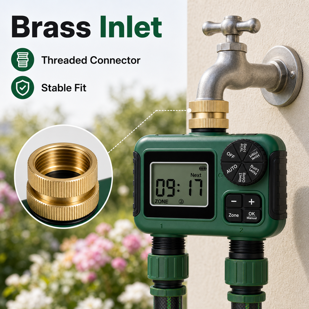 Brass inlet detail for 2-outlet garden water timer