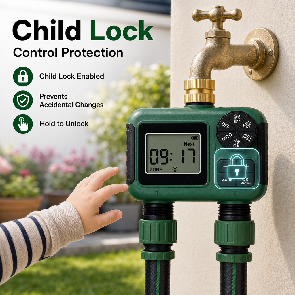 Child lock function for garden water timer controls