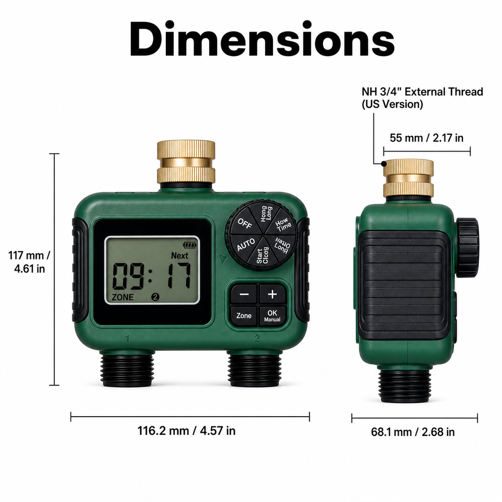 Dimensions diagram for US version 2-outlet garden water timer
