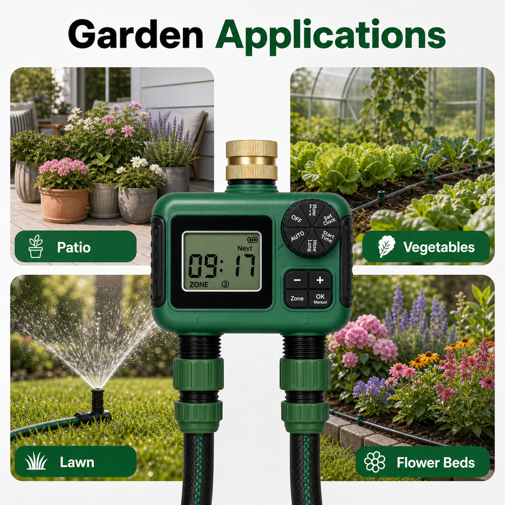 Garden applications overview for 2-outlet water timer