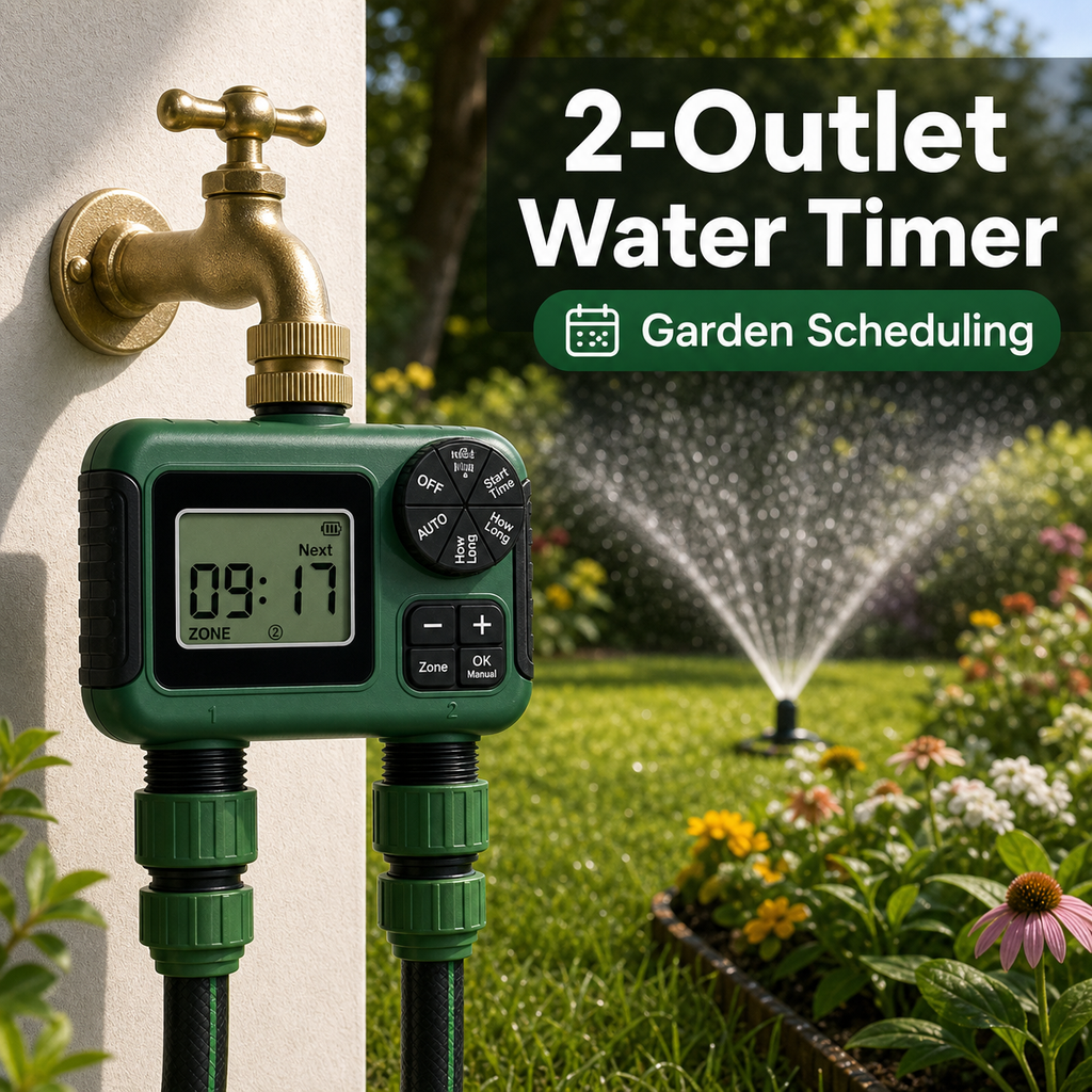 Garden sprinkler lifestyle image with 2-outlet water timer