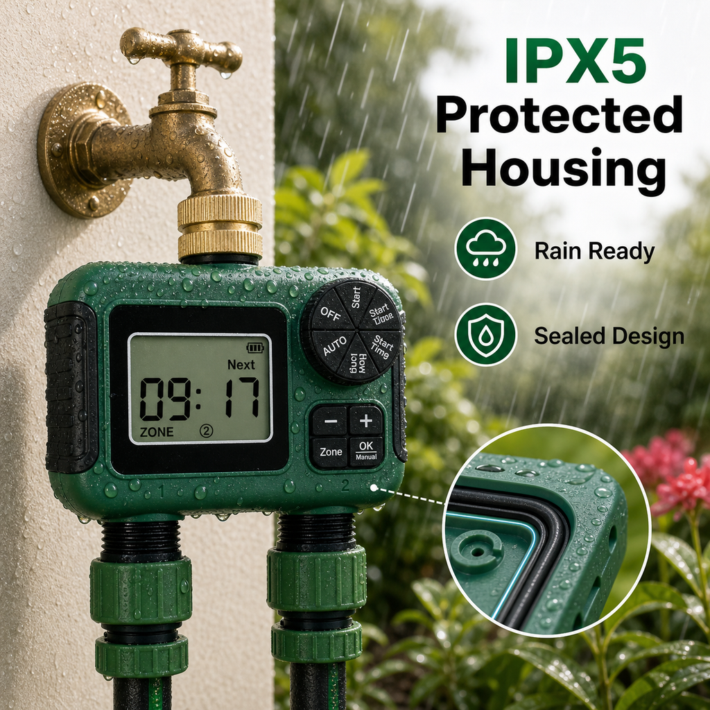 IPX5 protected housing with rain-ready garden scene