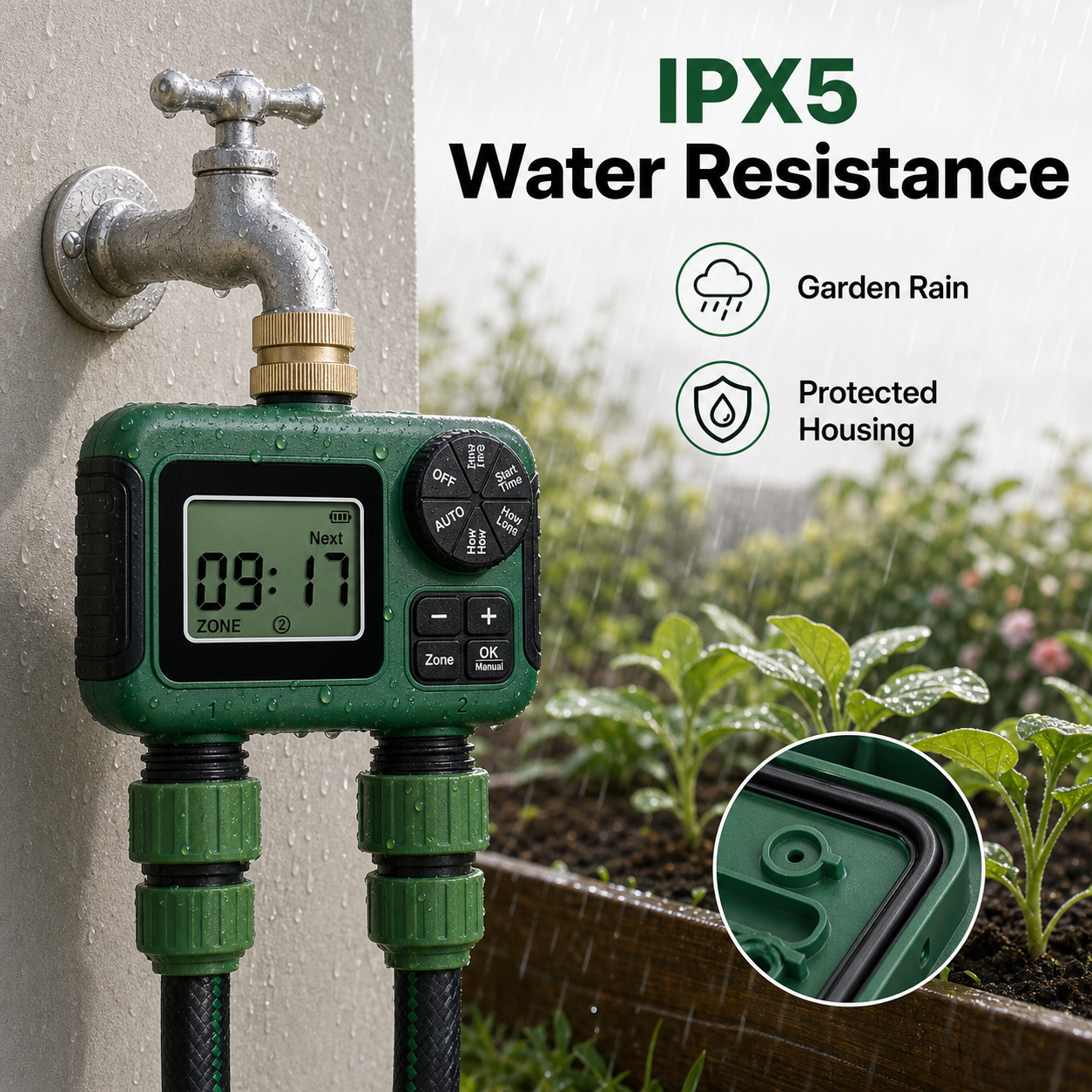 IPX5 water resistance image for garden water timer