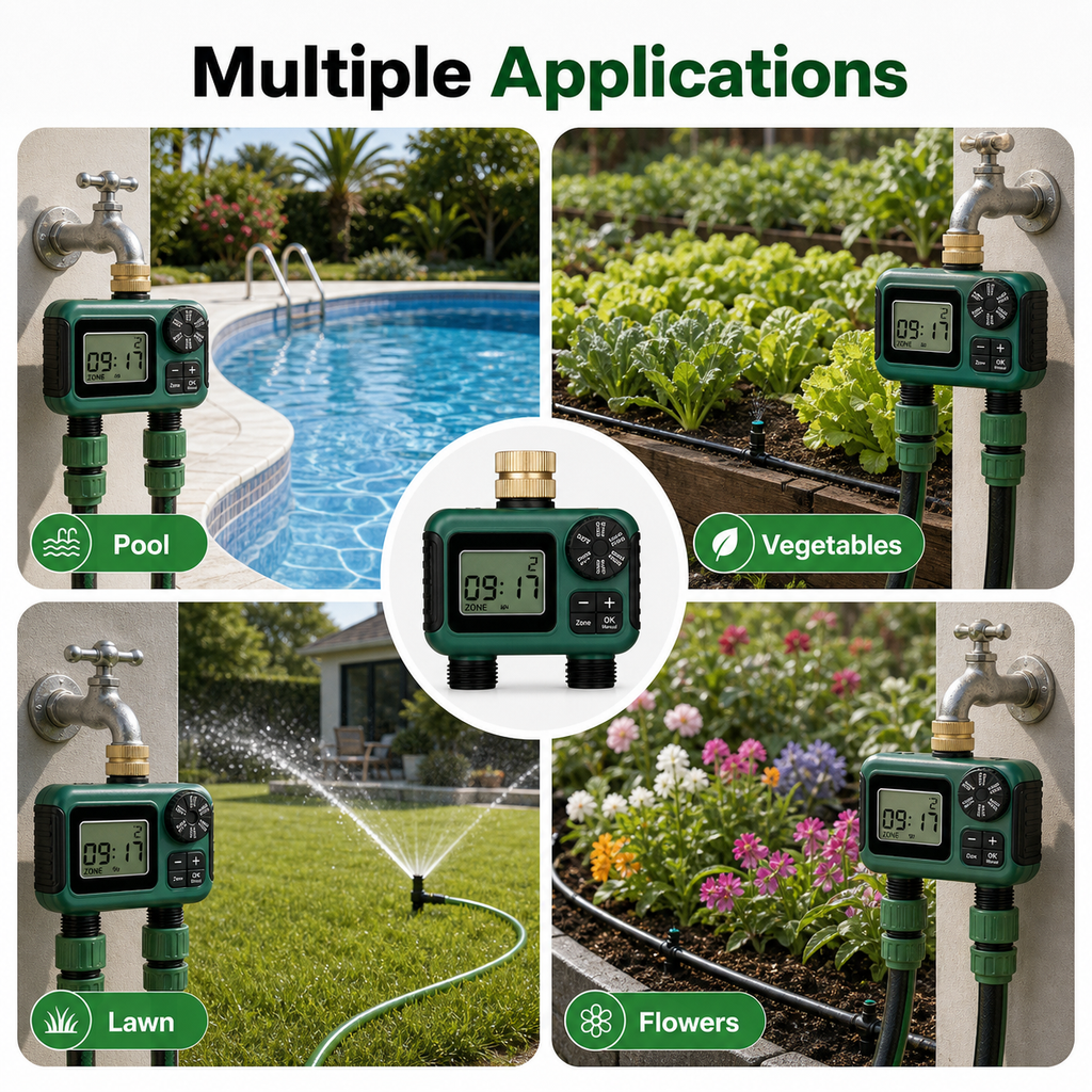 Multiple garden applications for 2-outlet water timer