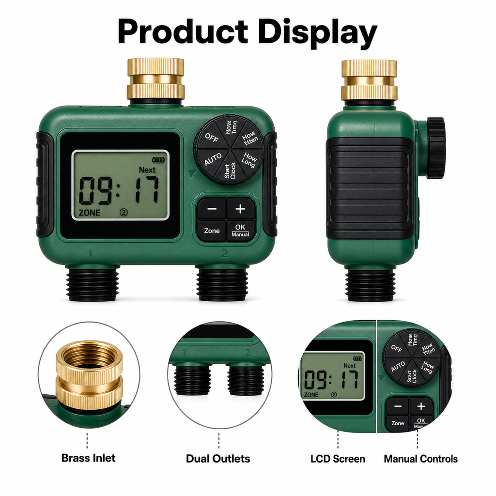 Product display showing water timer, brass inlet and dual outlets