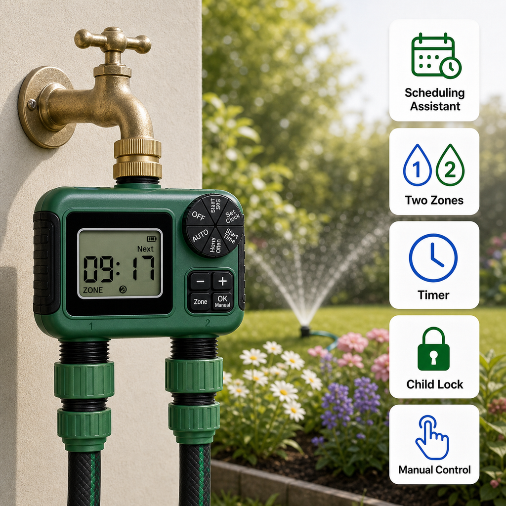 Scheduling assistant feature overview for 2-outlet water timer