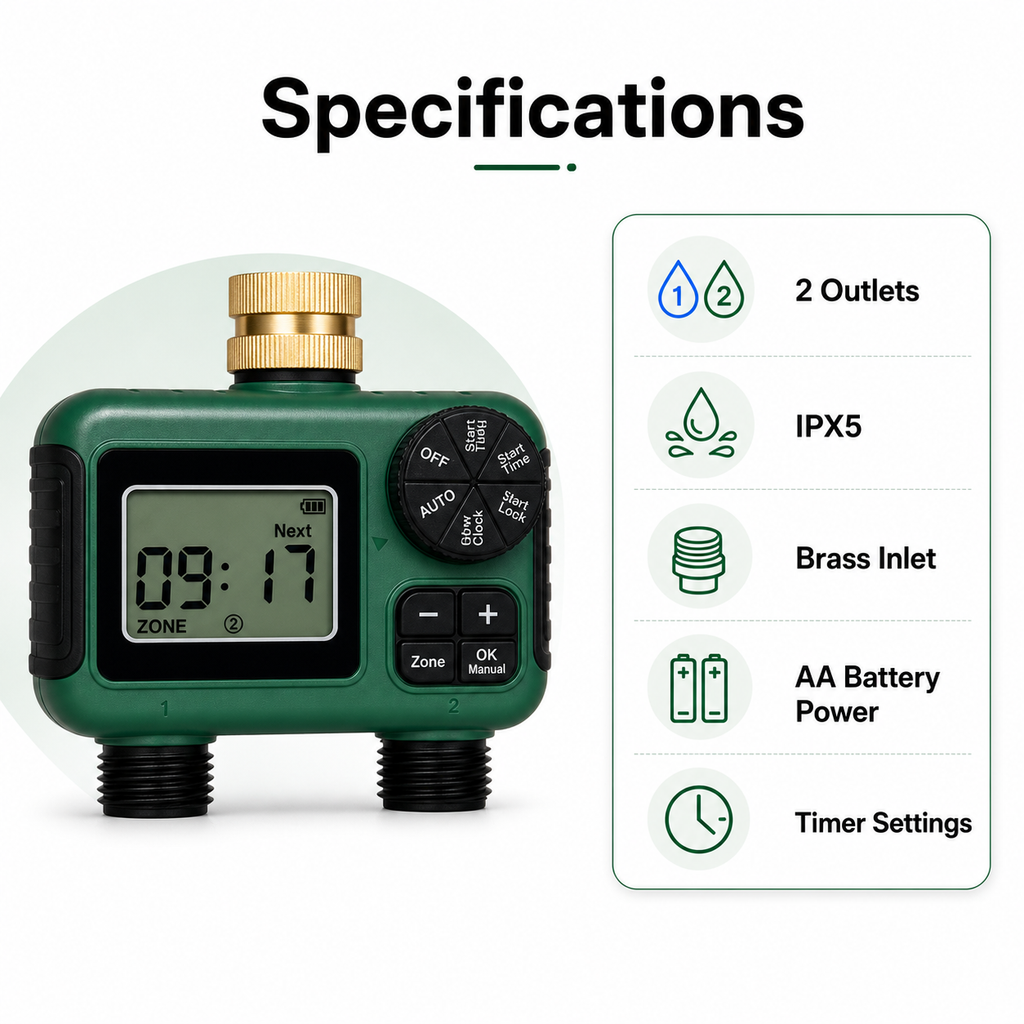 Specifications overview for 2-outlet garden water timer