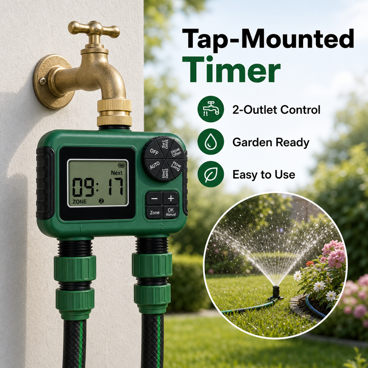 Tap-mounted 2-outlet water timer with garden watering inset