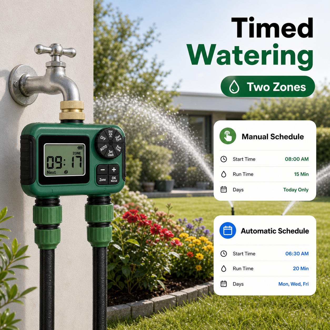 Timed watering schedule example for 2-outlet garden timer