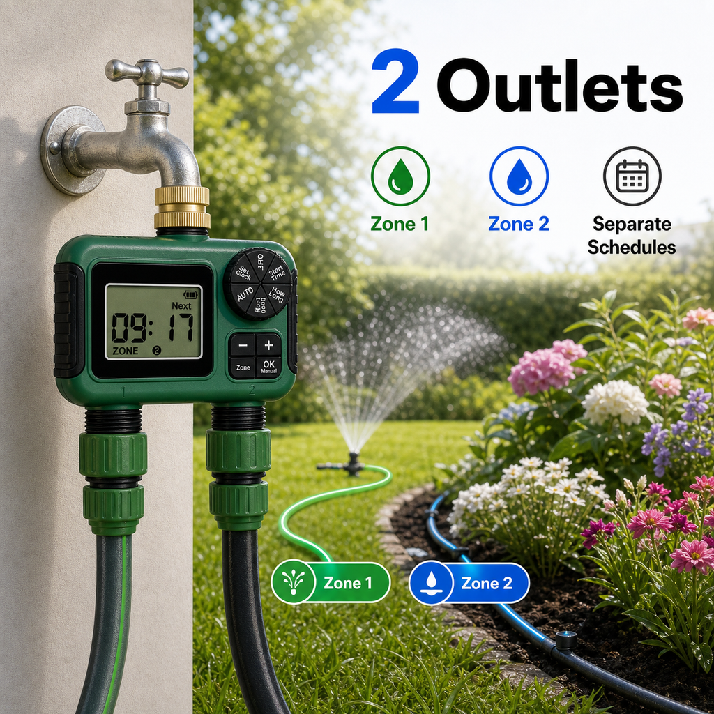 Two-outlet zoning irrigation setup for lawn and garden bed