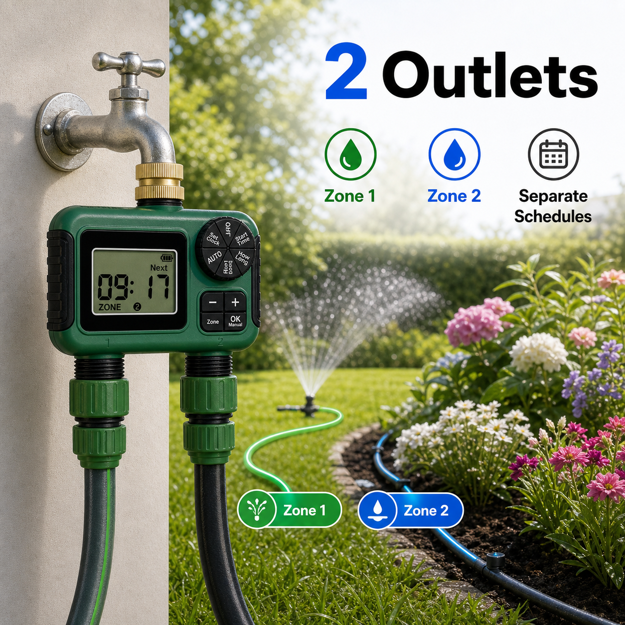 Two-outlet zoning irrigation setup for lawn and garden bed