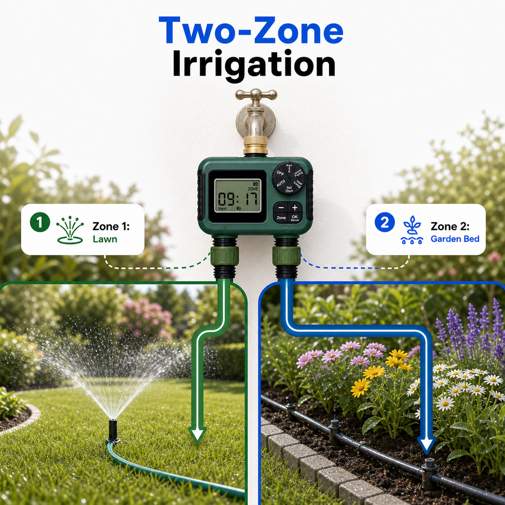 Two-zone irrigation diagram for lawn and garden bed