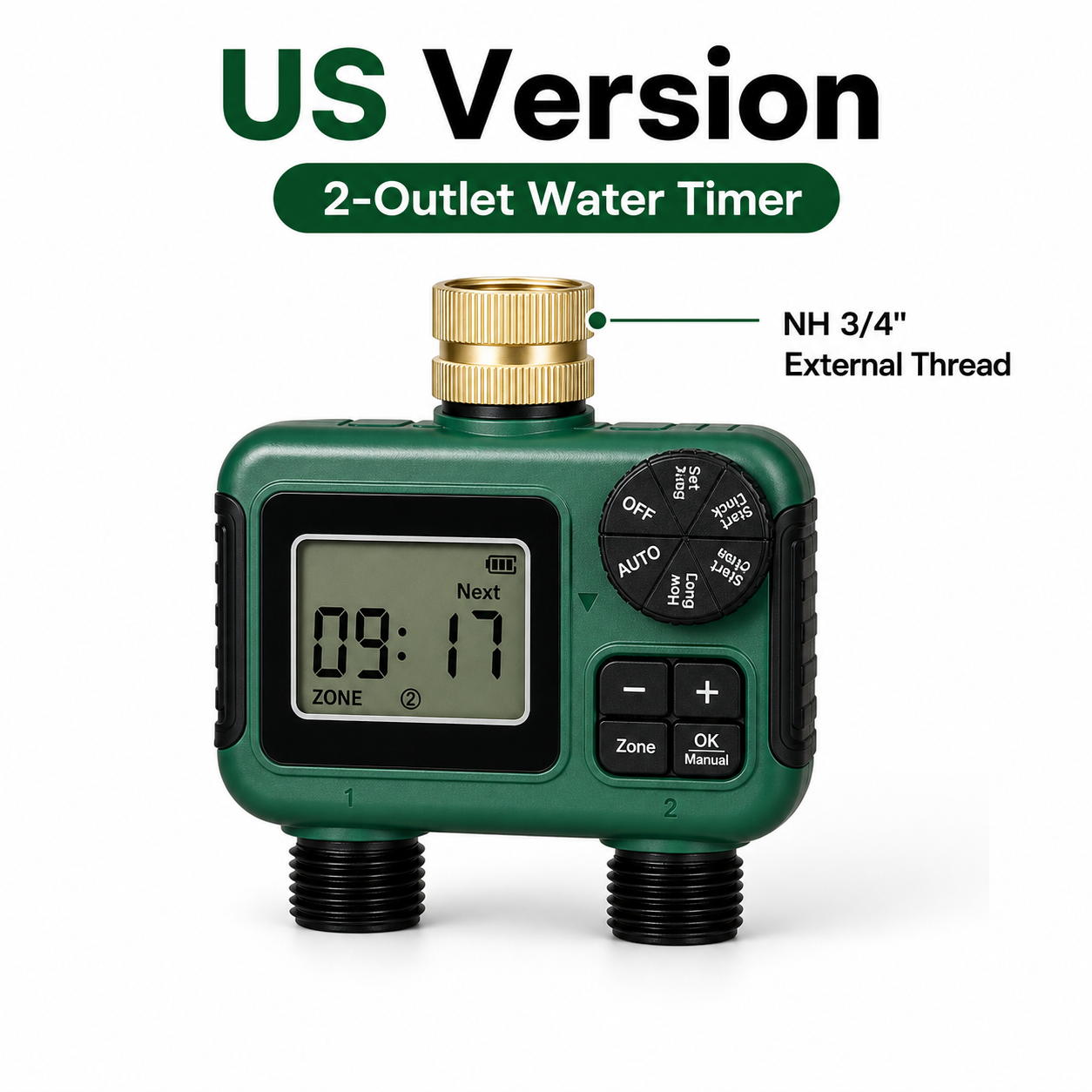 US version packshot of 2-outlet water timer with NH 3/4 external thread