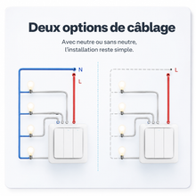 Schéma des options de câblage avec ou sans fil neutre du NéoRelay Switch Comfort.