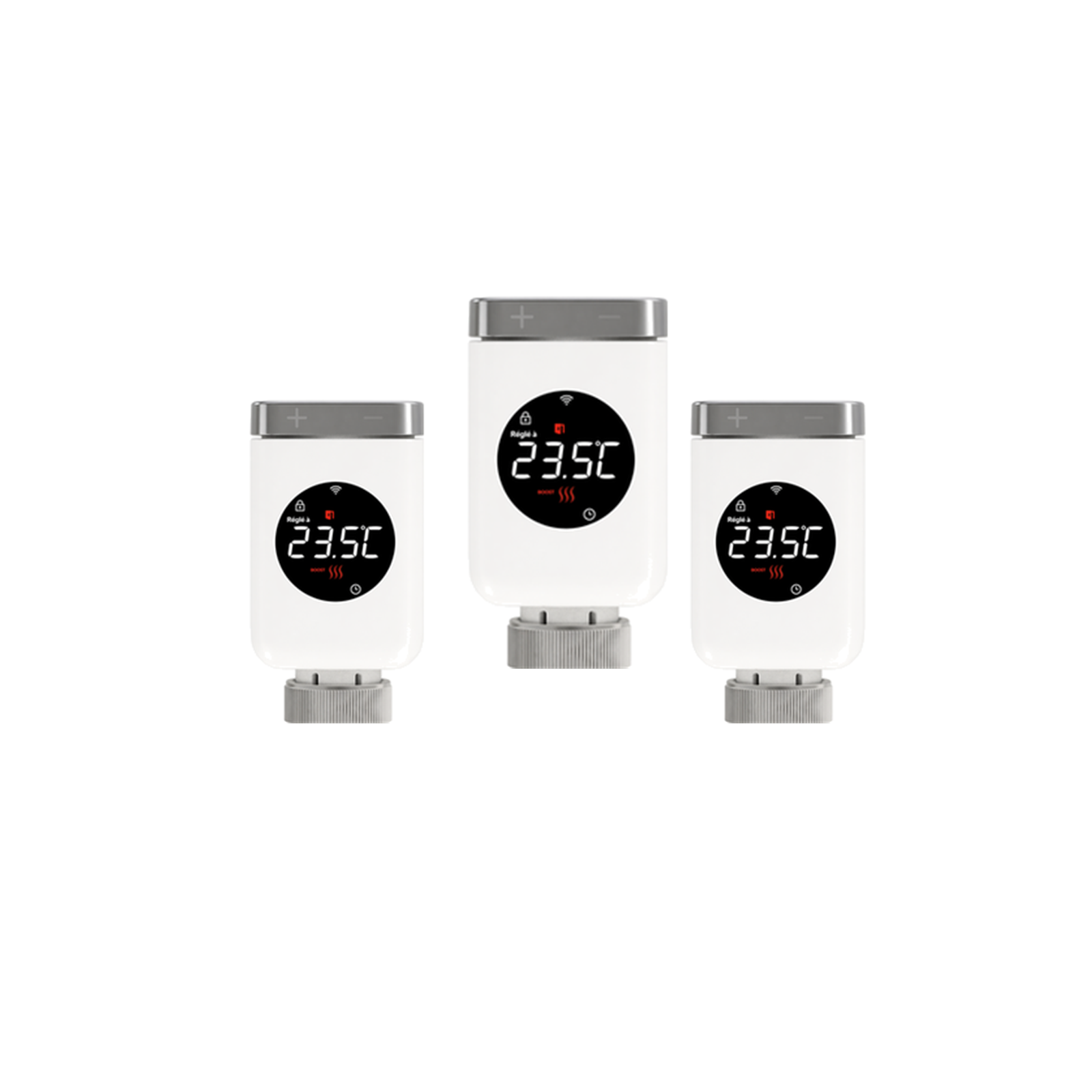 Lot de trois vannes connectées NéoValve Comfort du Pack Chauffage Confort NéoDom sur fond blanc