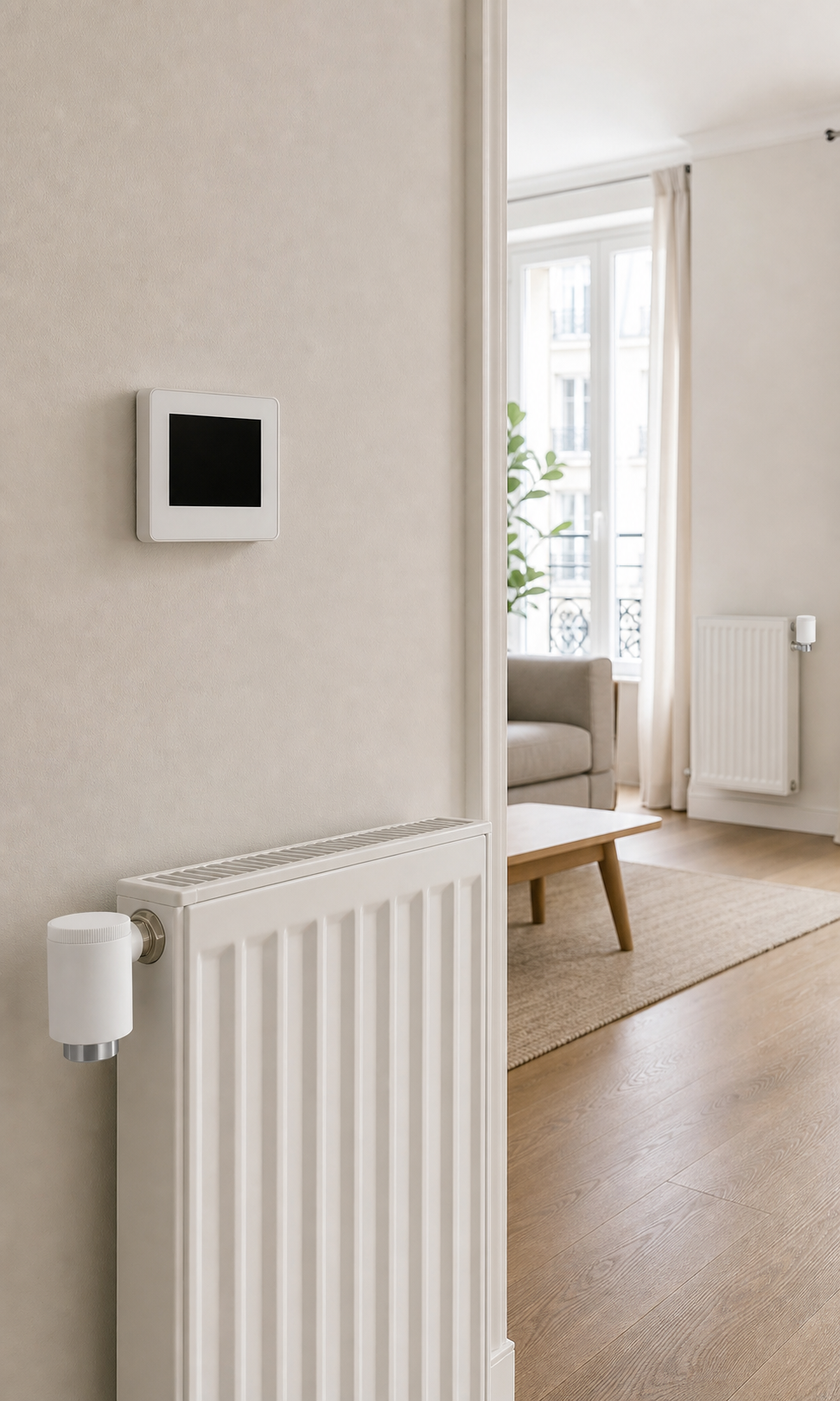 Pack Chauffage Essentiel NéoDom dans un intérieur lumineux avec deux radiateurs