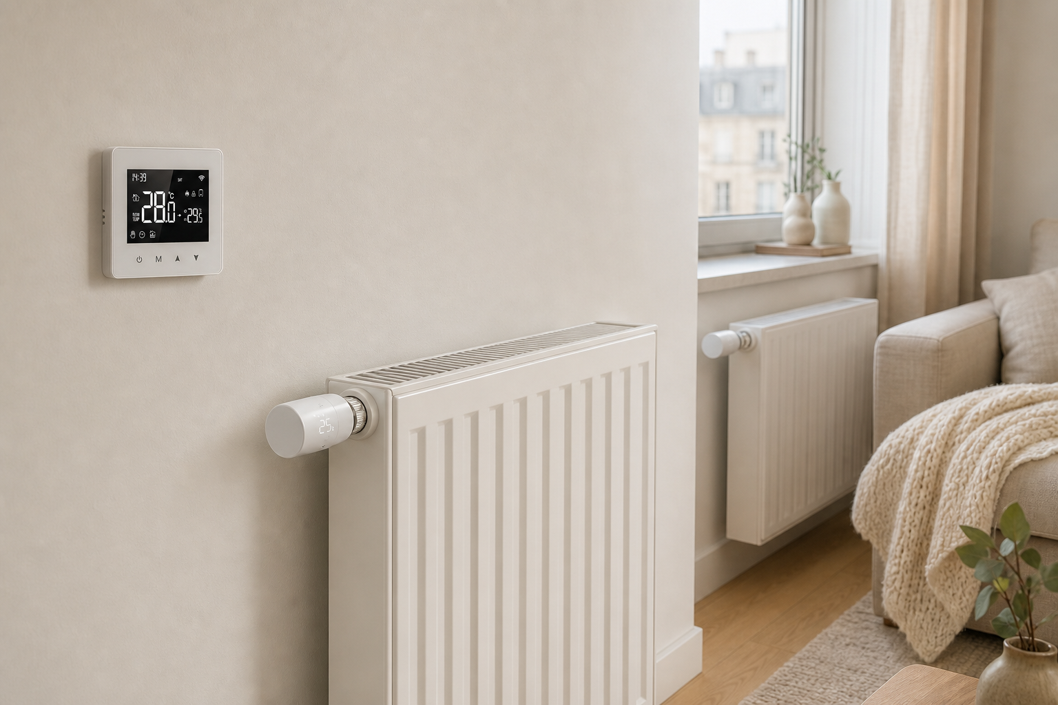 Pack Chauffage Essentiel NéoDom dans un salon avec thermostat et deux vannes