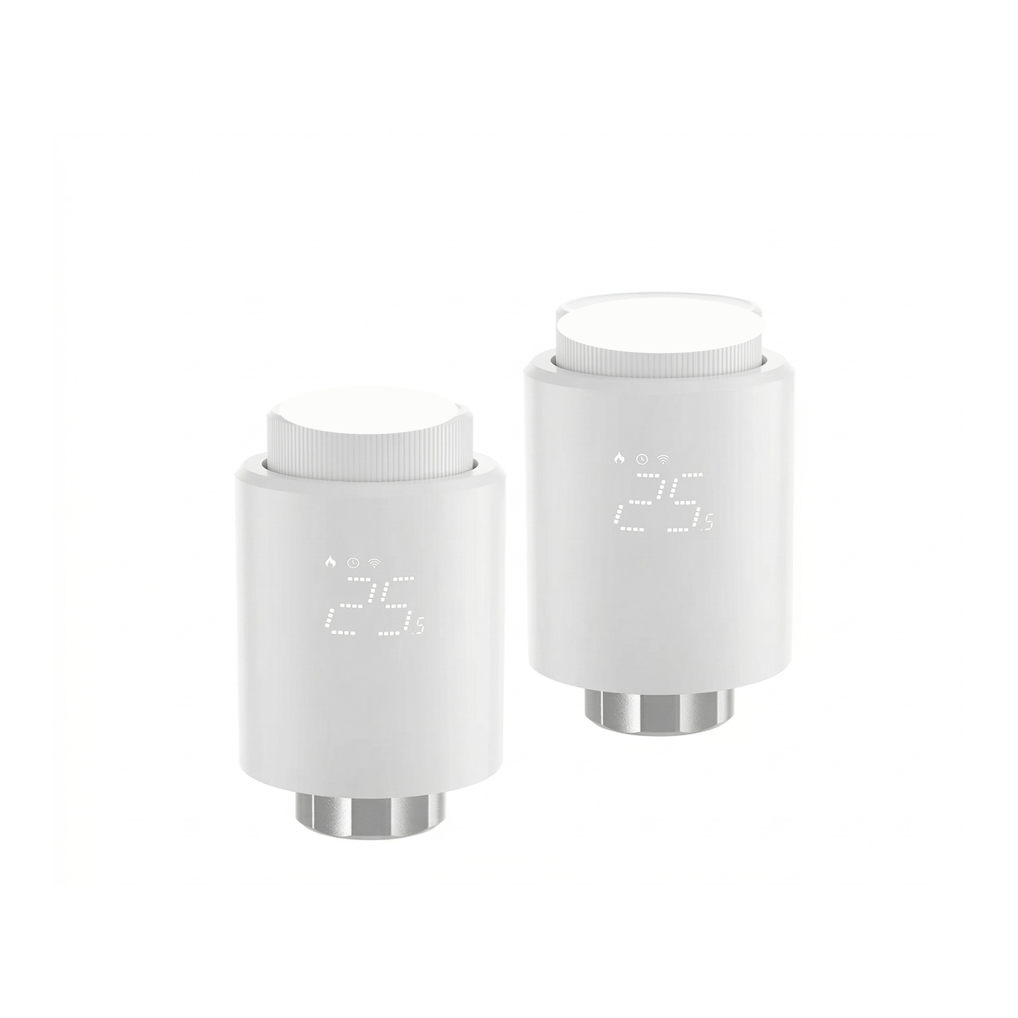 Deux vannes thermostatiques connectées du Pack Chauffage Essentiel NéoDom sur fond blanc