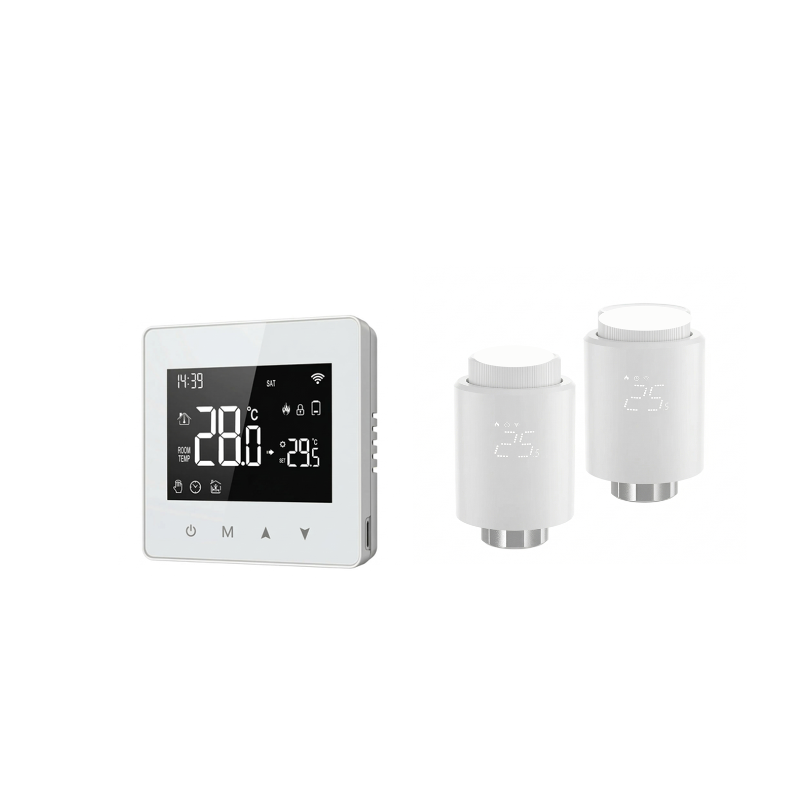 Pack Chauffage Essentiel NéoDom avec un thermostat sans fil et deux vannes thermostatiques connectées