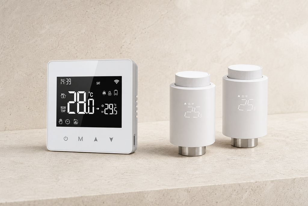 Thermostat NéoAir Essential et deux vannes du Pack Chauffage Essentiel NéoDom