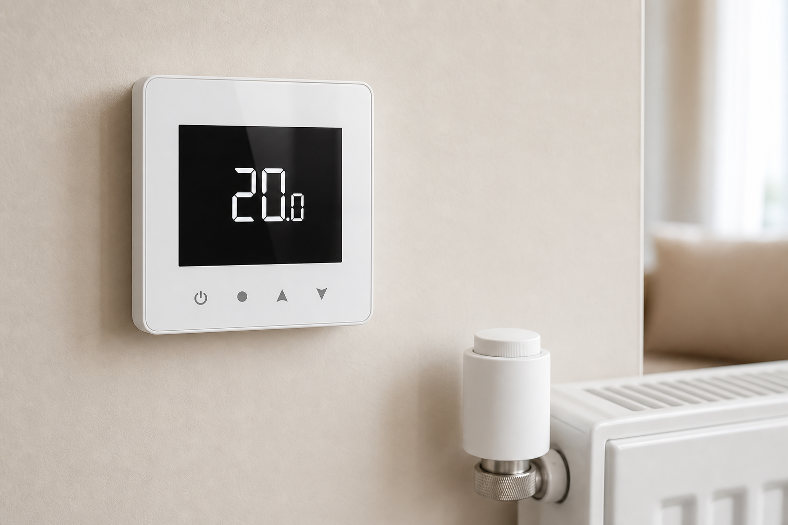 Thermostat NéoAir Essential près d'un radiateur équipé d'une vanne