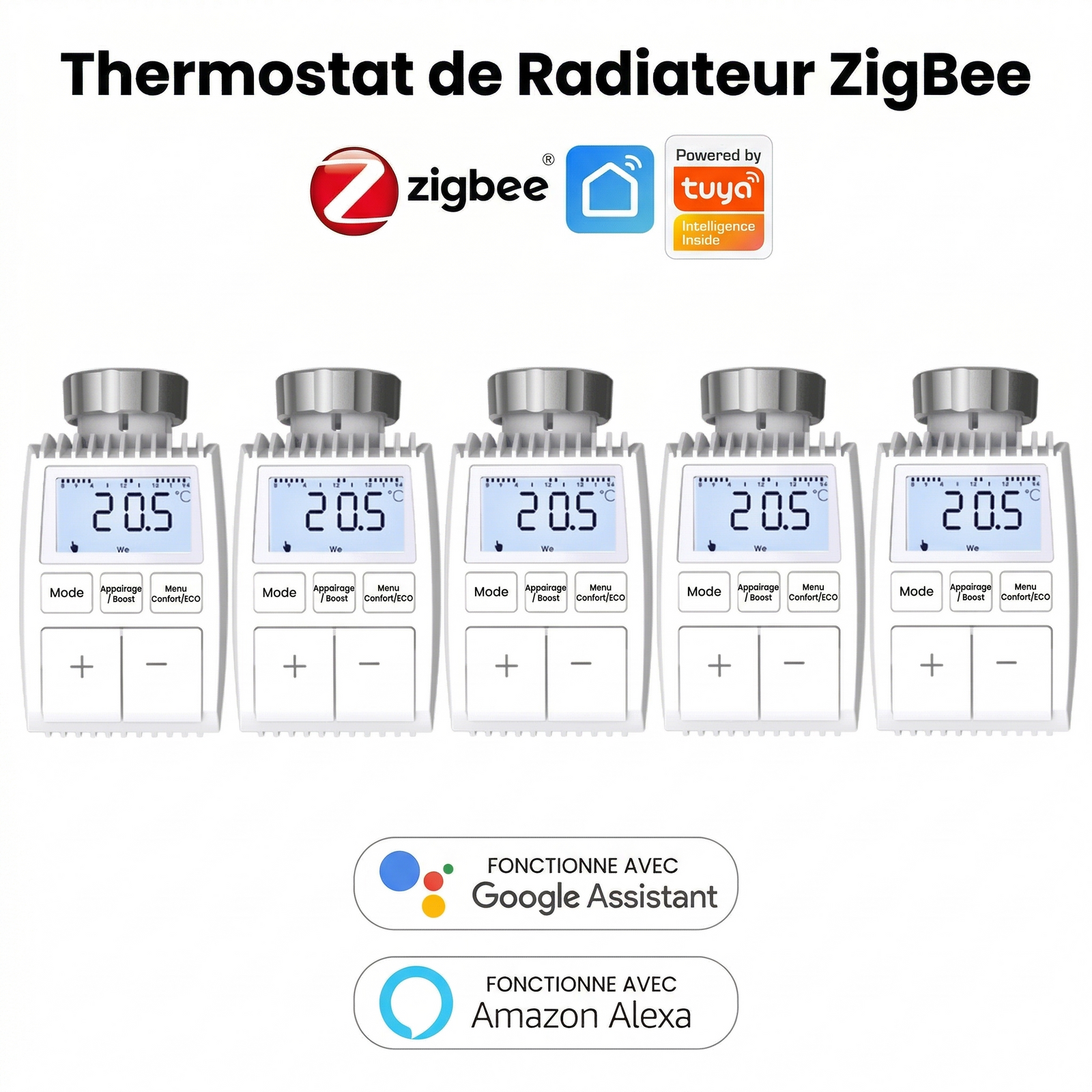 Pack de cinq vannes thermostatiques compactes NéoMini Comfort 1 avec écran LED et boutons de réglage.