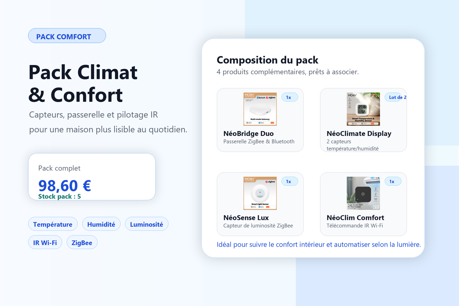 Pack Climat et Confort Comfort NéoDom avec passerelle, capteurs et télécommande IR