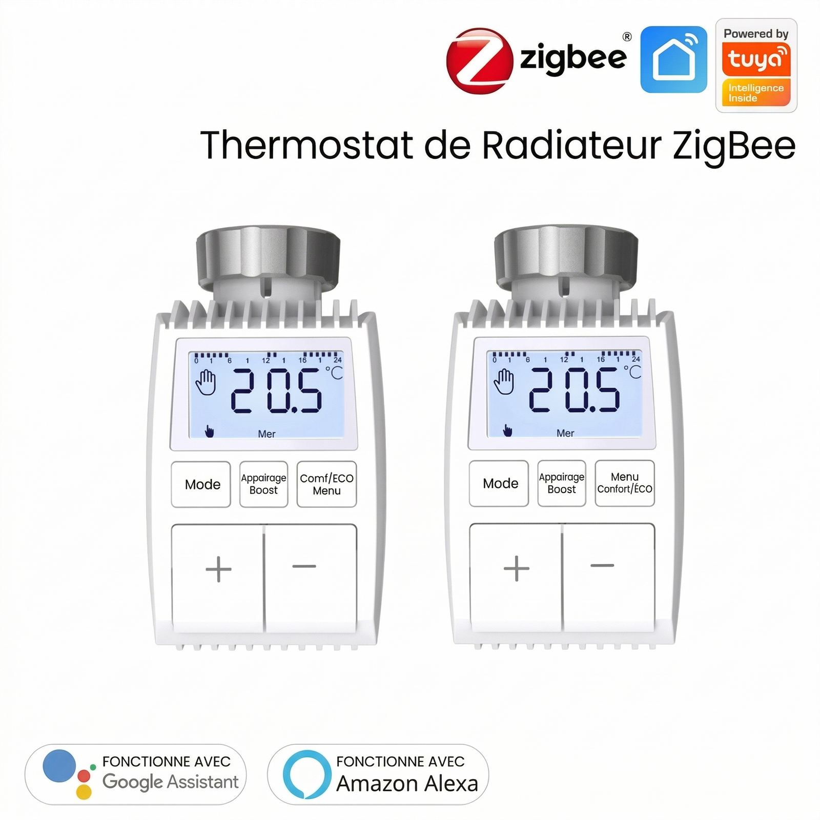 Pack de deux vannes thermostatiques compactes NéoMini Comfort 1 avec écran LED et boutons de réglage.
