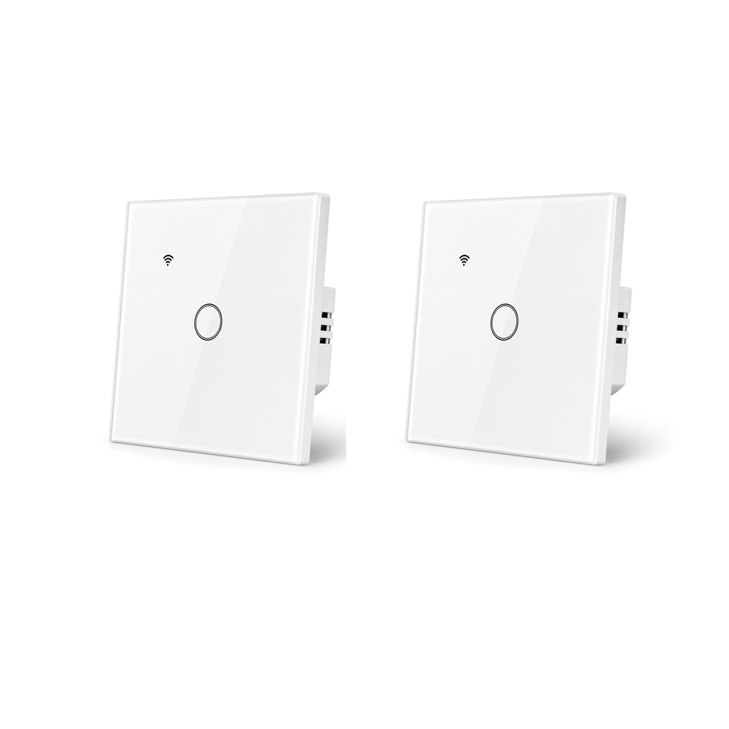 Deux interrupteurs tactiles WiFi NéoGlass Lite Comfort du Pack Éclairage Connecté NéoDom sur fond blanc