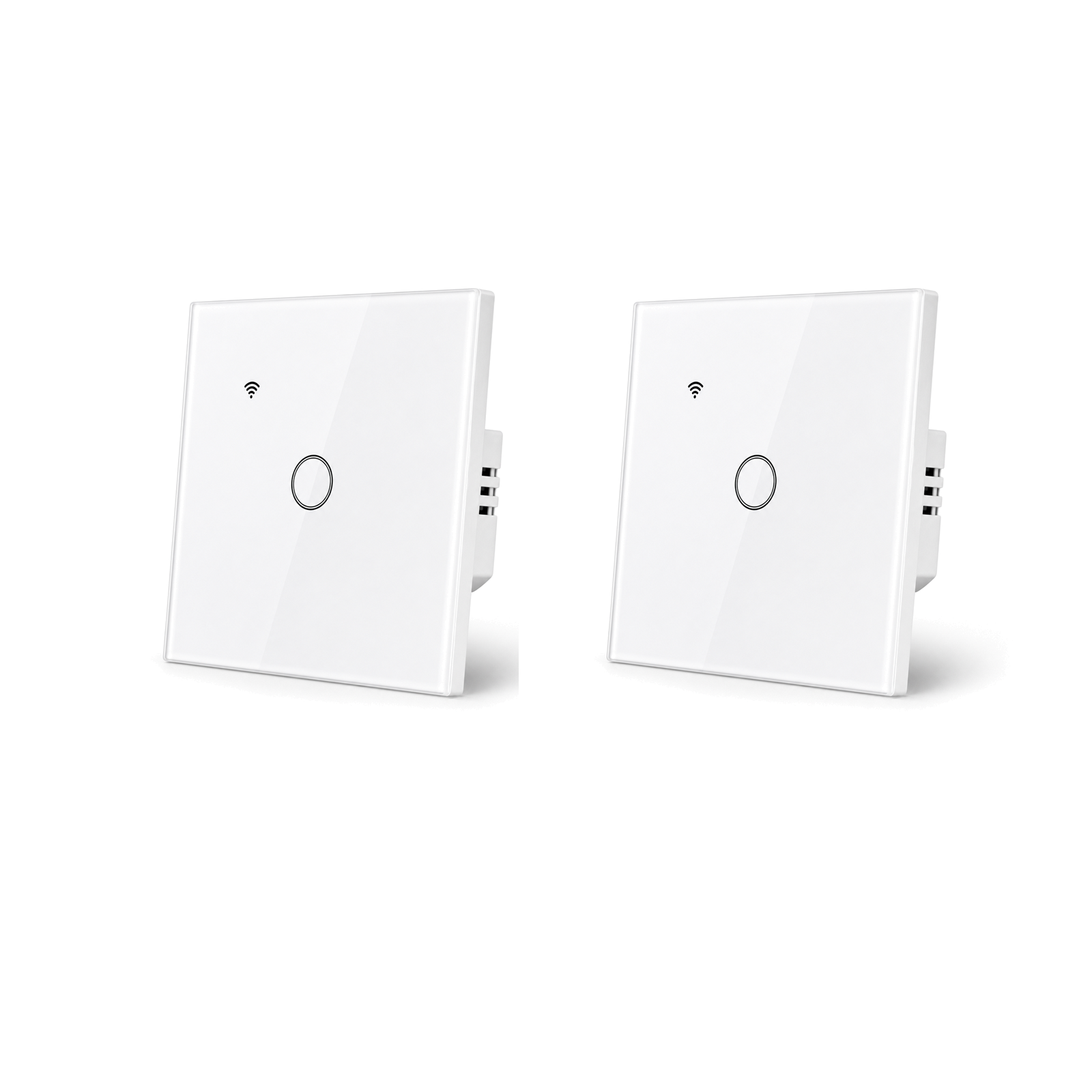 Deux interrupteurs tactiles WiFi NéoGlass Lite Comfort du Pack Éclairage Connecté NéoDom sur fond blanc