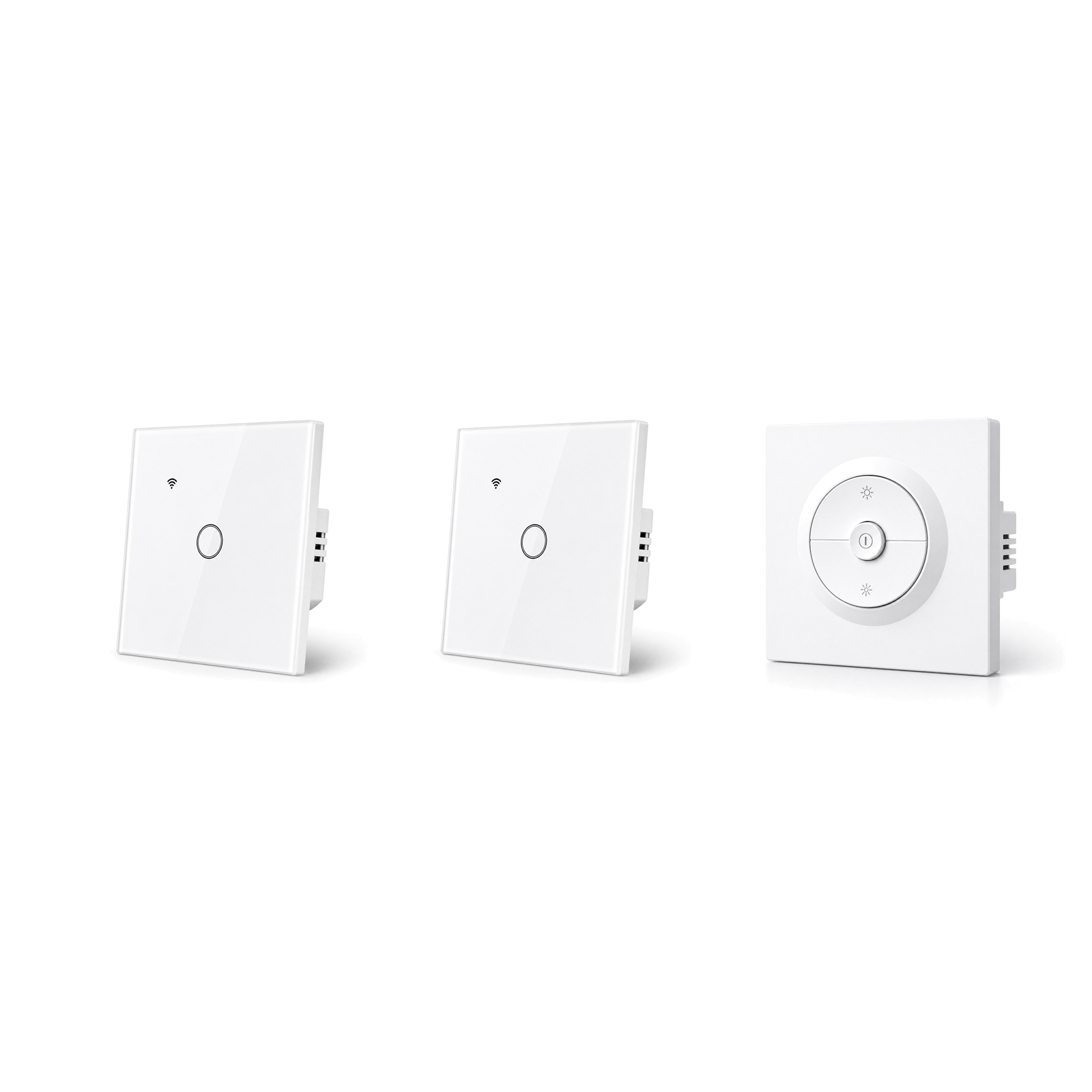 Pack Éclairage Connecté NéoDom avec deux interrupteurs WiFi et un variateur Matter sur fond blanc