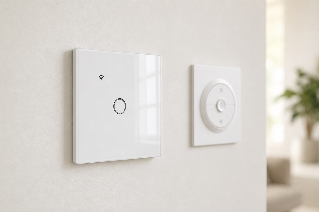 Interrupteur NéoGlass Lite Comfort et variateur NéoDim installés sur un mur