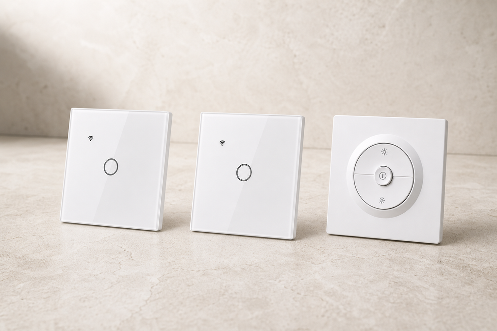Deux interrupteurs NéoGlass et variateur NéoDim du Pack Éclairage Connecté NéoDom