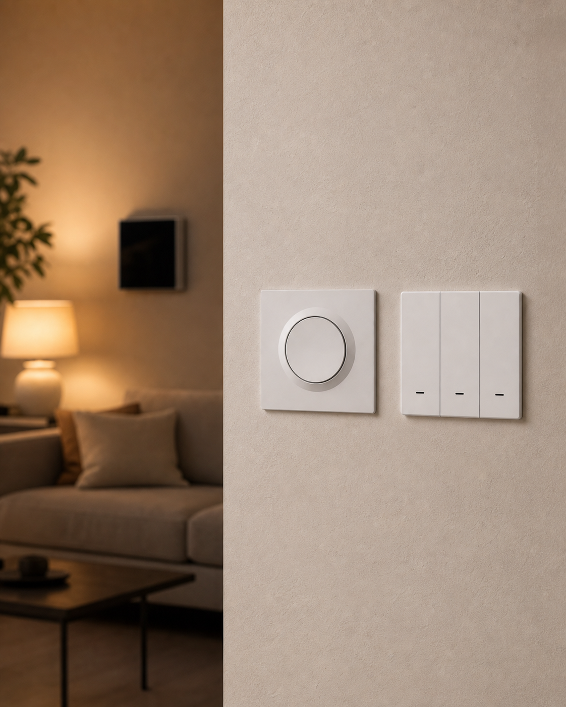 Commandes ZigBee et hub NéoDom dans un salon le soir