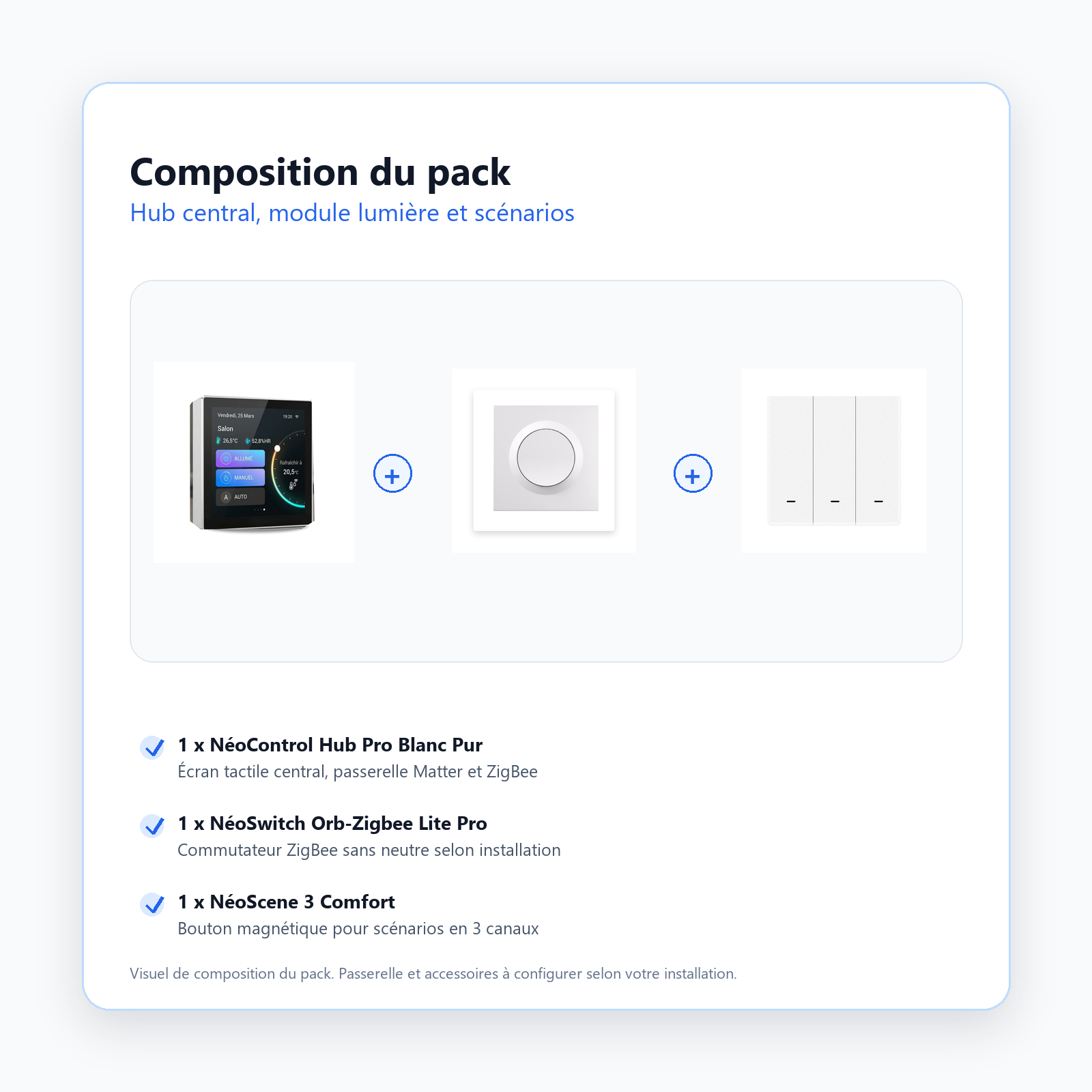 Composition du Pack Hub et Accessoires ZigBee NéoDom avec NéoControl Hub Pro, NéoSwitch et NéoScene