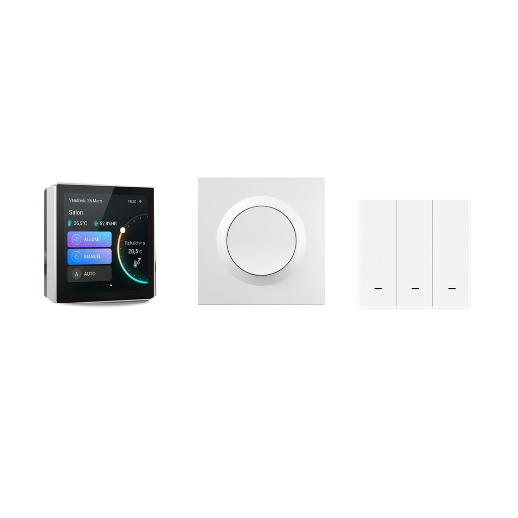 Pack Hub et Accessoires ZigBee NéoDom avec hub central, module ZigBee et interrupteur de scénarios sur fond blanc