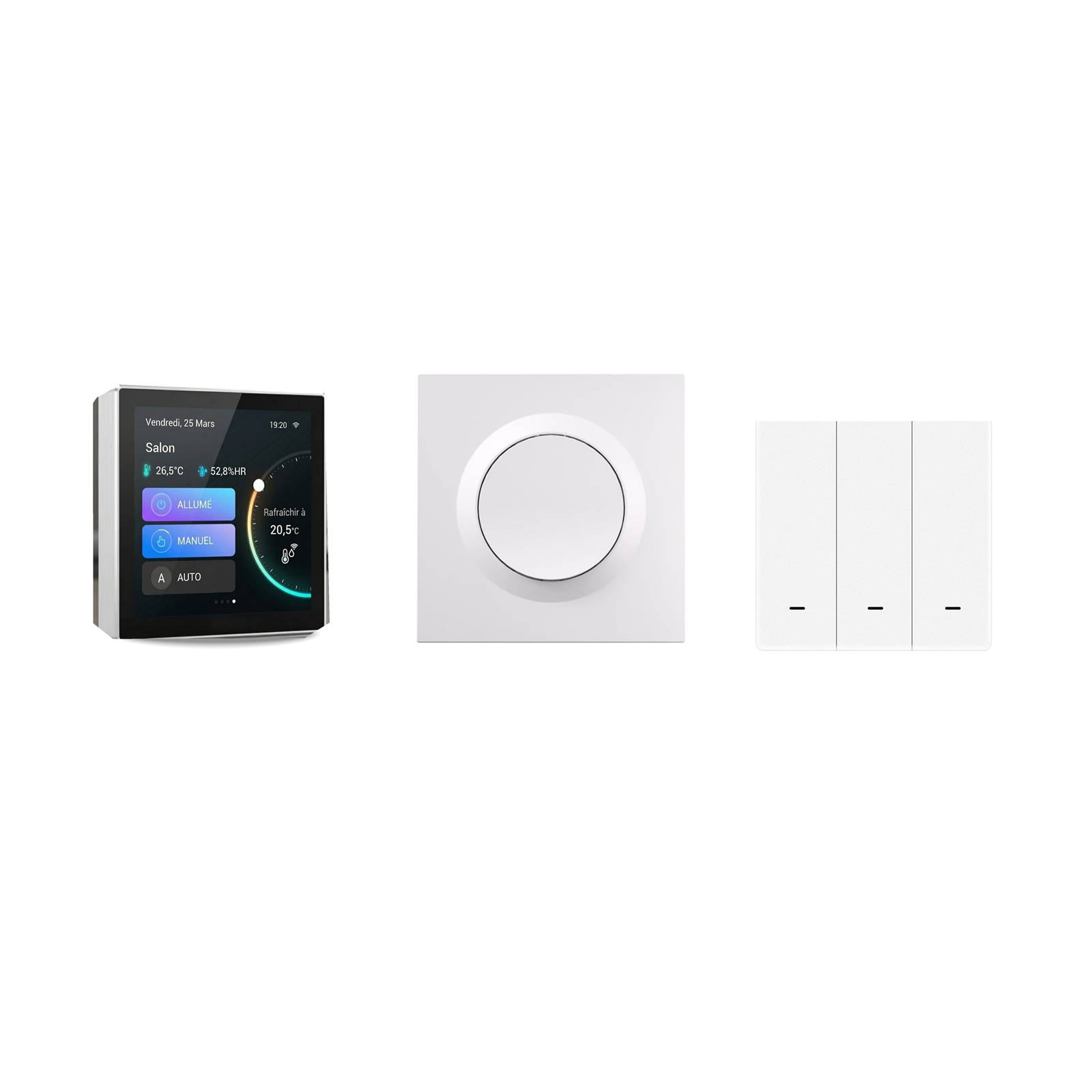Pack Hub et Accessoires ZigBee NéoDom avec hub central, module ZigBee et interrupteur de scénarios sur fond blanc