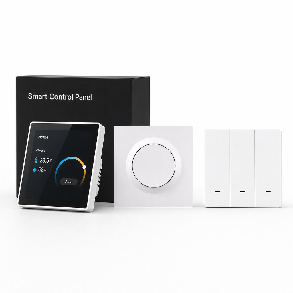 Pack Hub et Accessoires ZigBee NéoDom, photo studio avec panneau de controle, module circulaire et interrupteur trois boutons