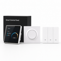 Pack Hub et Accessoires ZigBee NéoDom, photo studio avec panneau de controle, module circulaire et interrupteur trois boutons