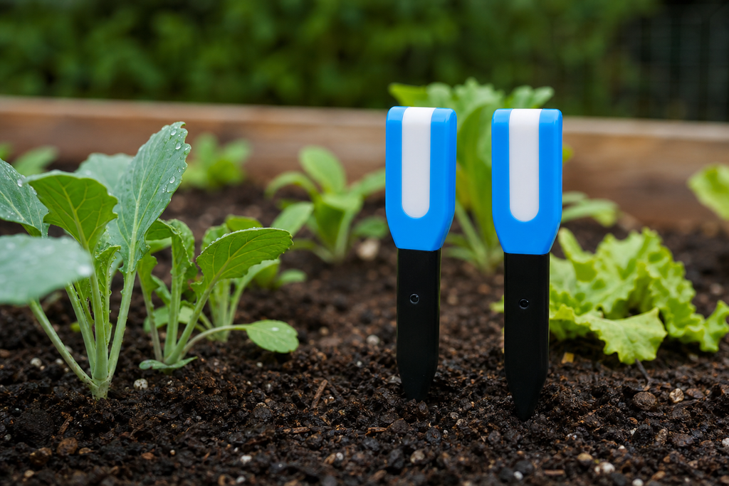 Deux capteurs de sol ZigBee du Pack Jardin Connecté Pro NéoDom dans un potager