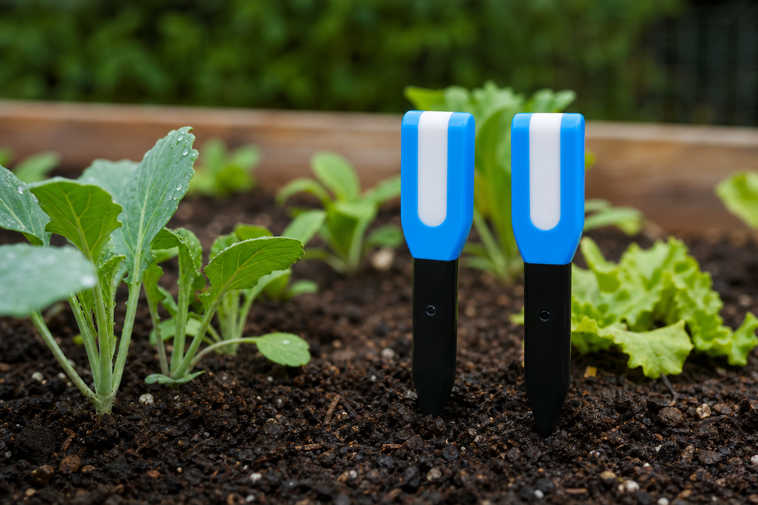Deux capteurs de sol ZigBee du Pack Jardin Connecté Pro NéoDom dans un potager