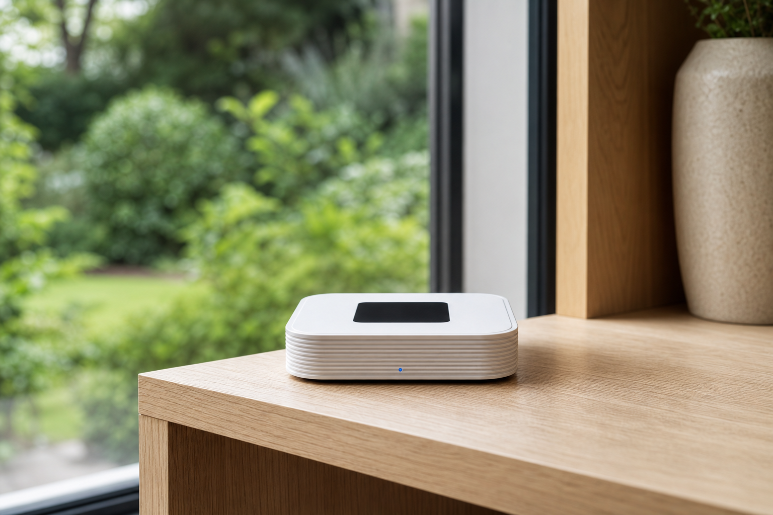 Passerelle ZigBee du Pack Jardin Connecté Pro NéoDom près d’une baie vitrée