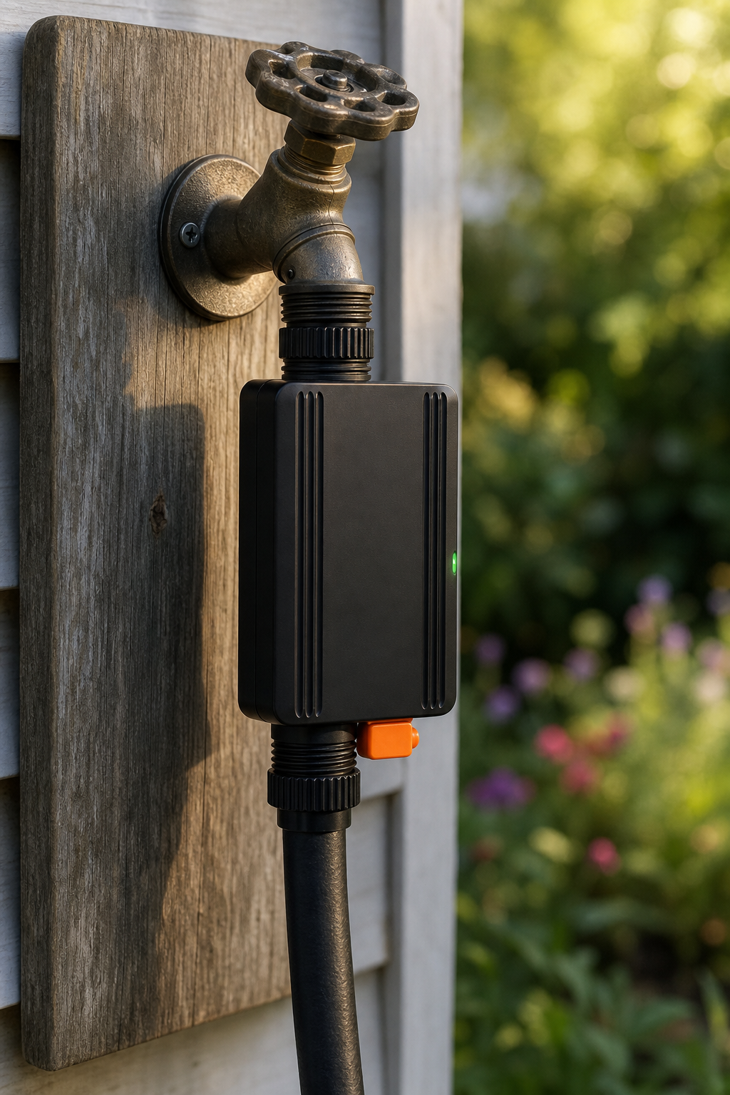 Vanne d’eau ZigBee du Pack Jardin Connecté Pro NéoDom installée sur un robinet extérieur