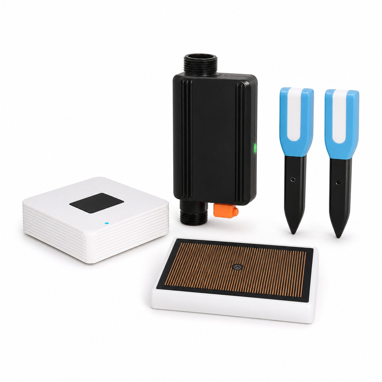 Pack Jardin Connecte Pro NéoDom, photo studio avec passerelle, vanne eau, deux sondes sol et capteur pluie-fuite