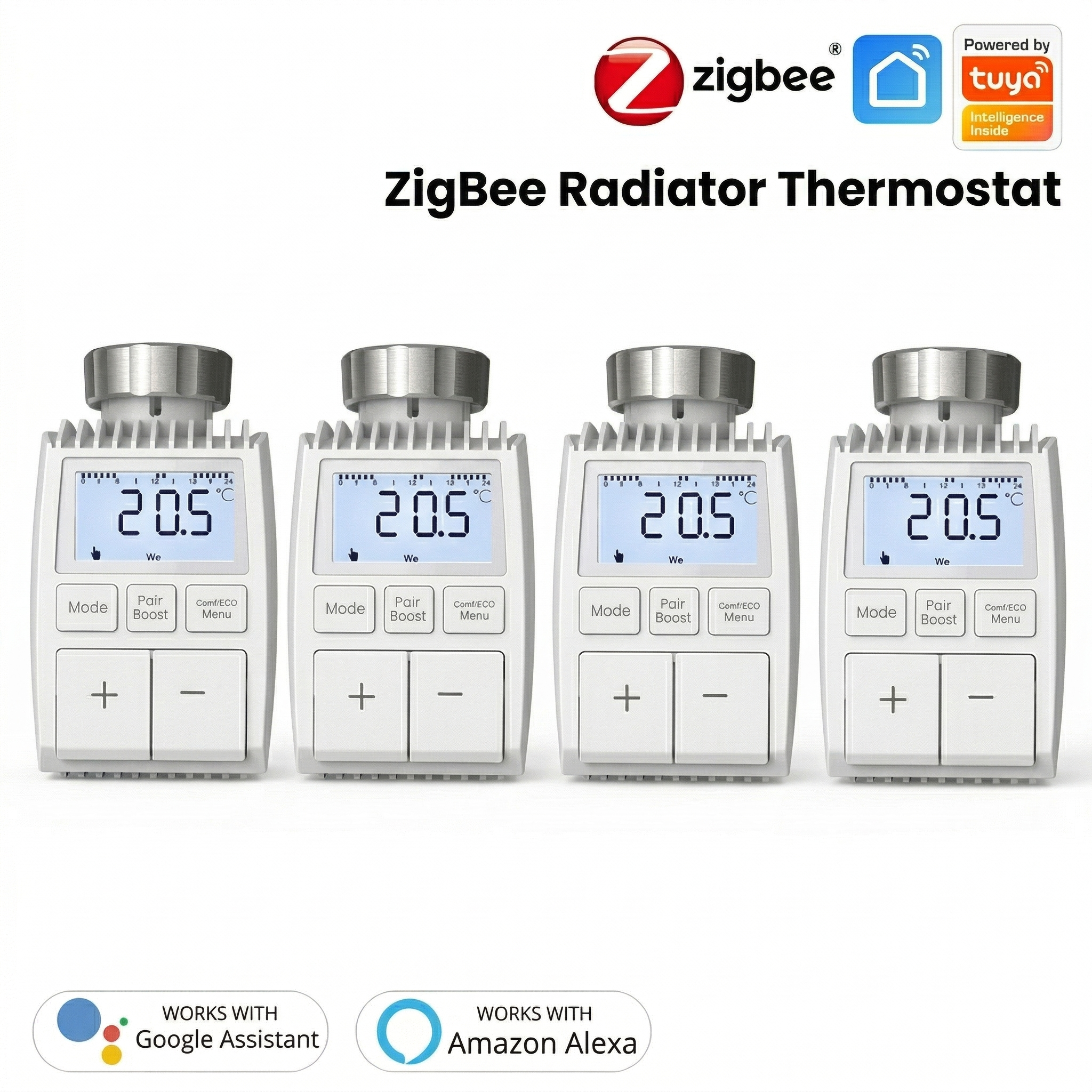 Pack de quatre vannes thermostatiques compactes NéoMini Comfort 1 avec écran LED et boutons de réglage.