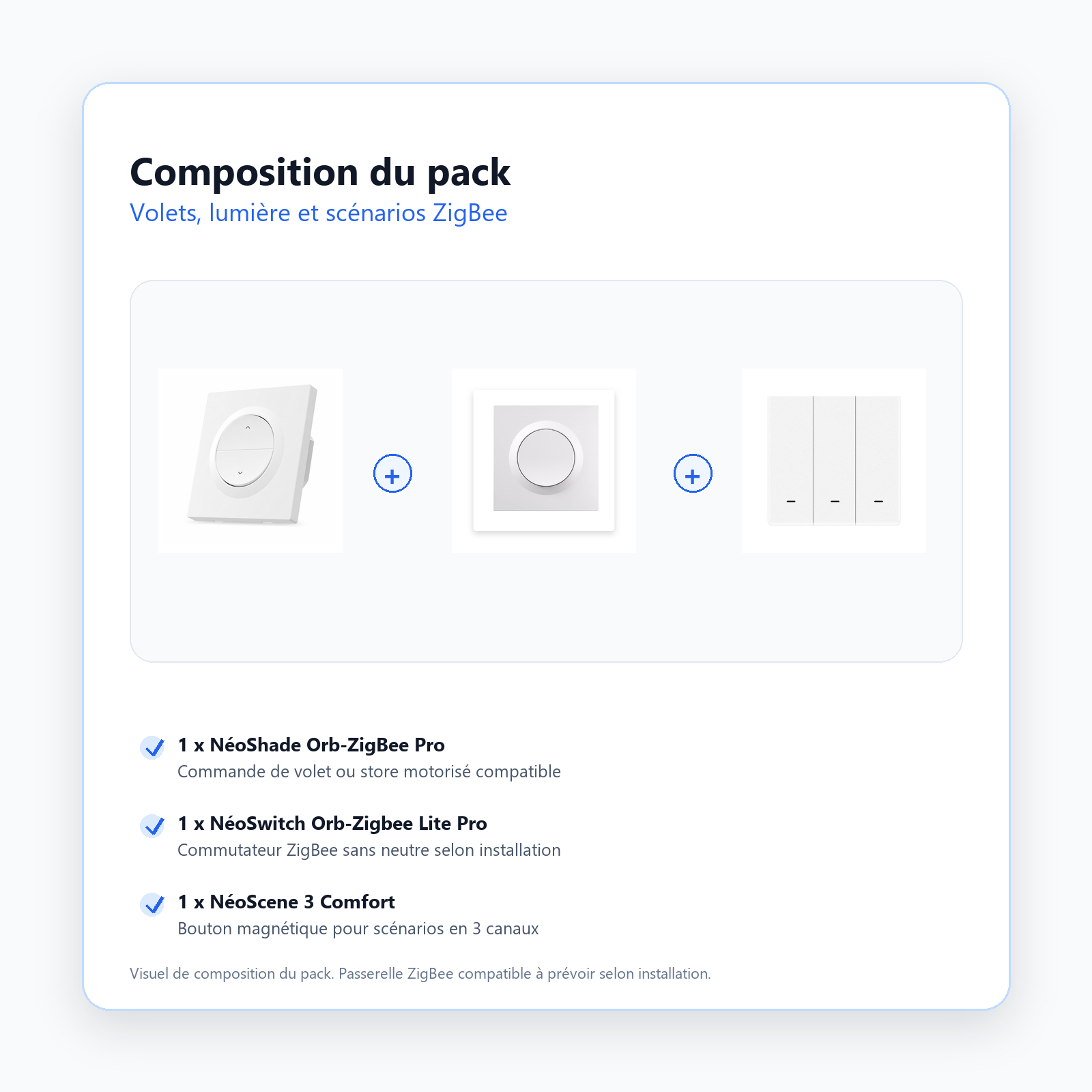 Composition du Pack Scénario Volets et Éclairage NéoDom avec trois accessoires ZigBee