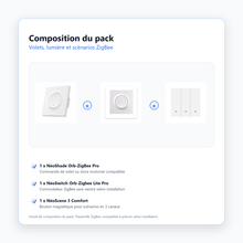 Composition du Pack Scénario Volets et Éclairage NéoDom avec trois accessoires ZigBee