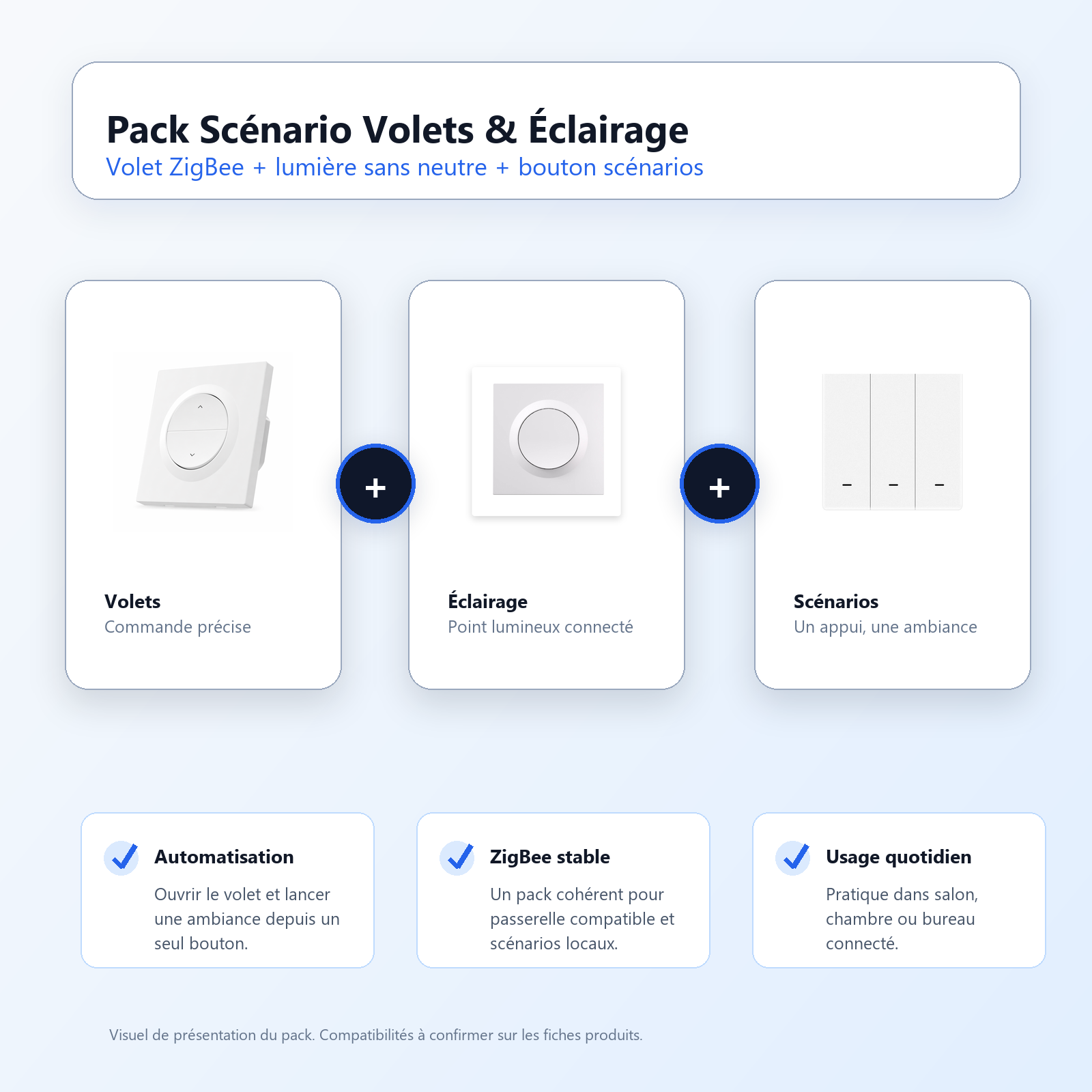 Pack Scénario Volets et Éclairage NéoDom avec commande de volet, module lumière et bouton de scénarios ZigBee