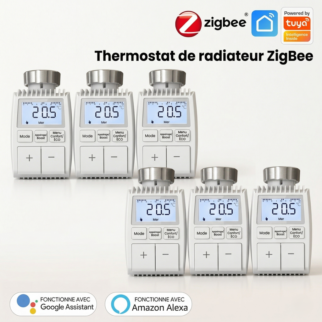 Pack de six vannes thermostatiques compactes NéoMini Comfort 2 avec écran LED et boutons de réglage.