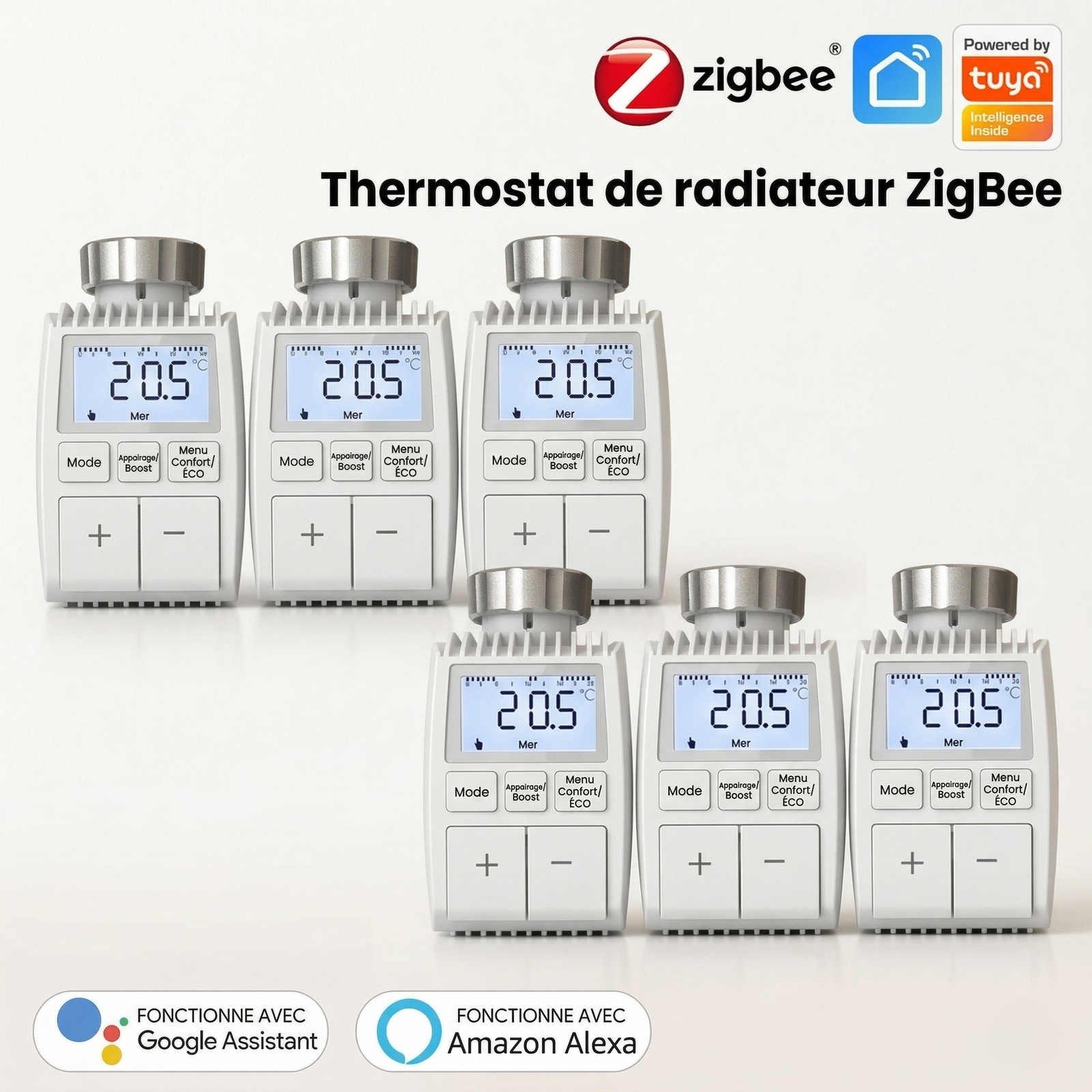 Pack de six vannes thermostatiques compactes NéoMini Comfort 2 avec écran LED et boutons de réglage.